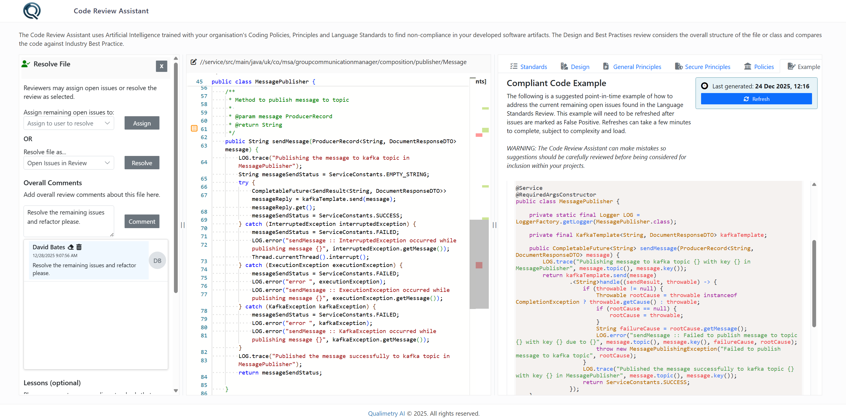Compliant code examples address all review issues and can be pulled to your IDE as reference.