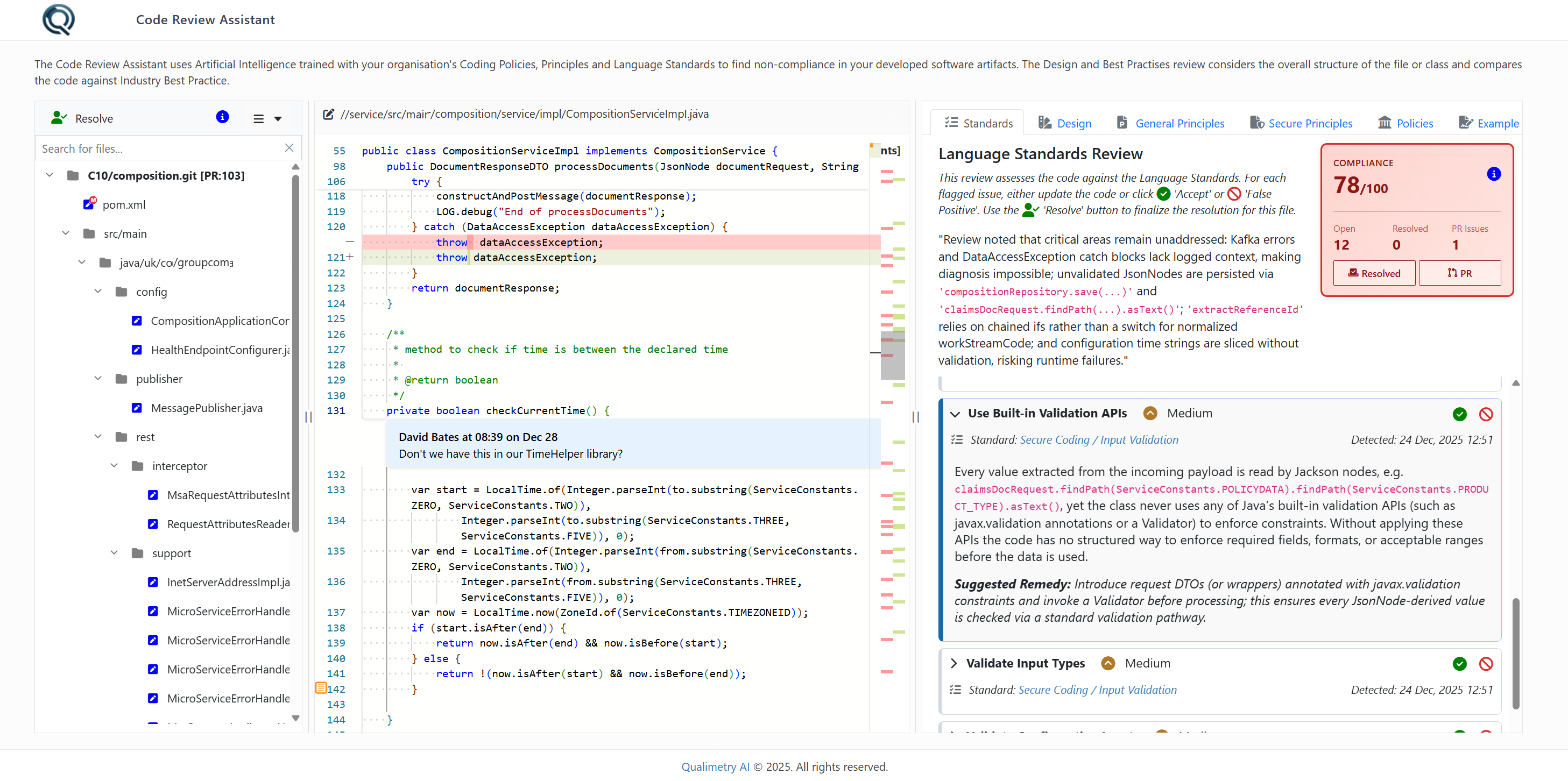Every PR reviewed across Language Standards, Design & Best Practice, Principles, Security, and Enterprise Policies.